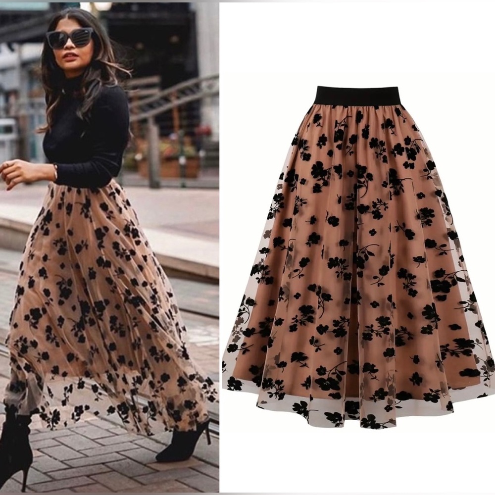 New Floral Print Mesh Lined Overlay Camel Caramel Tan Skirt Midi Maxi Black NWT